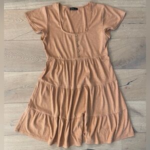 Veryj Tan Ribbed Tiered Square Neck Short Sleeve Casual Mini Dress Women Size S